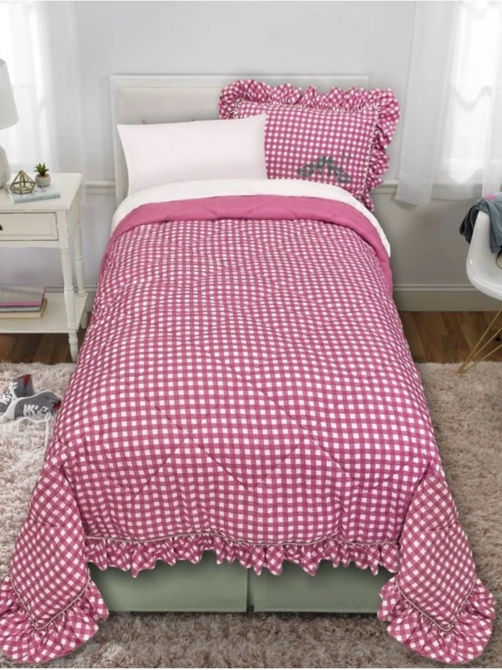 Pink Gingham Ruffle Quilt Set - Charming Check Bedding